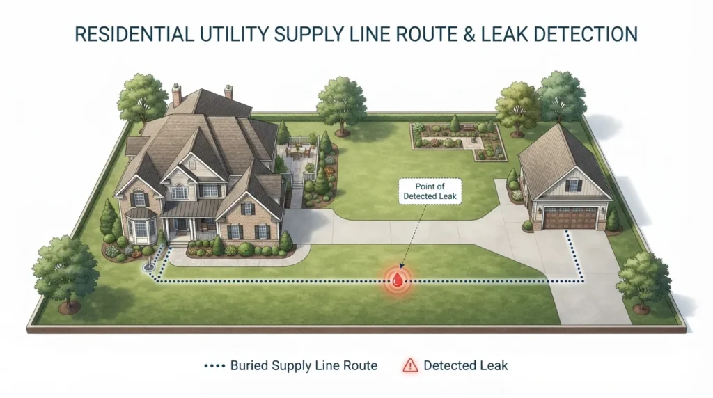 Diagram showing a buried supply line leak point on an extended Poway property