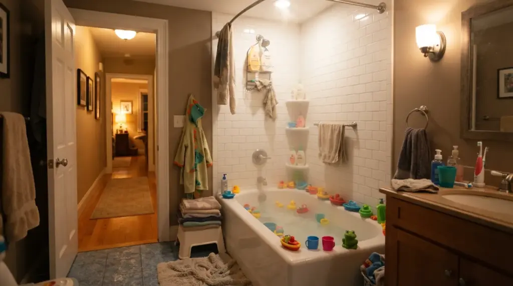 Evening bath and shower rush in a larger 4S Ranch family home