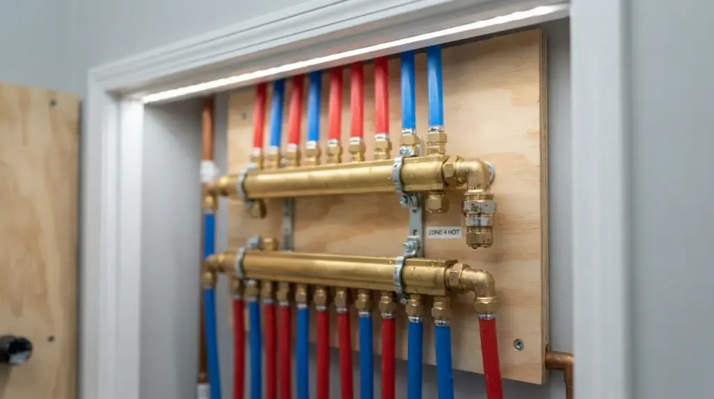 PEX manifold with a fitting connection showing early signs of wear in a 4S Ranch home