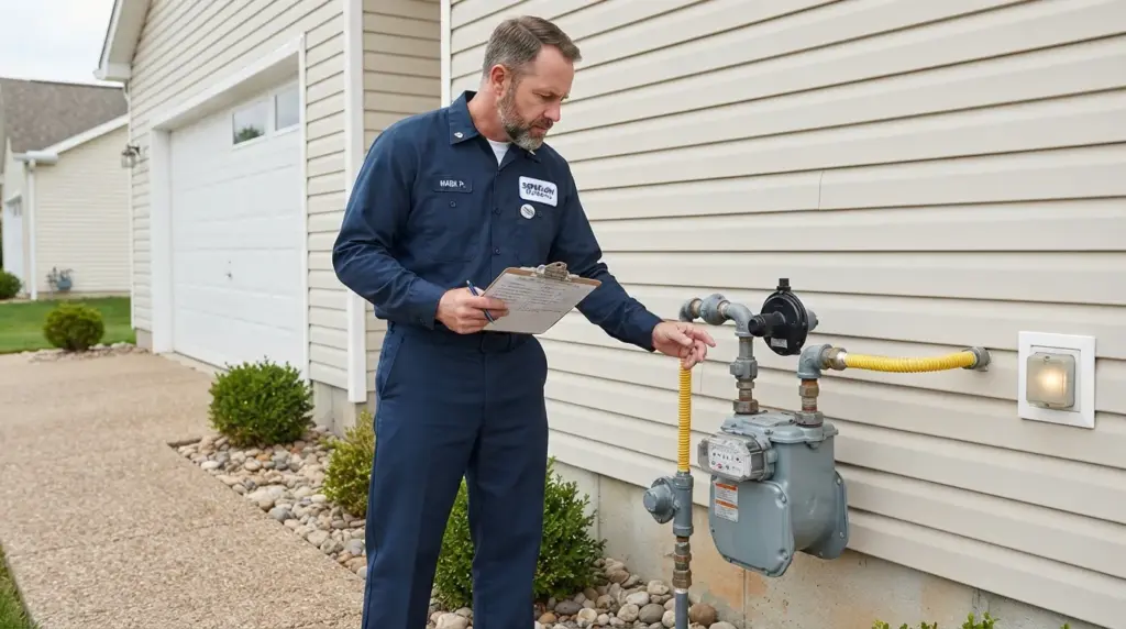 Plumber assessing gas line capacity for tankless water heater installation in 4S Ranch