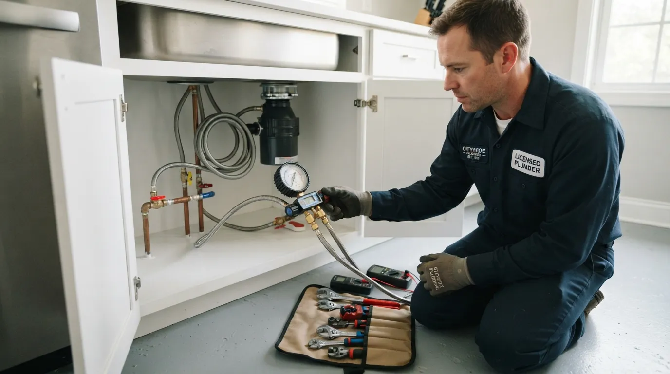 Plumber pressure testing a water line to locate a hidden pipe leak in 4S Ranch