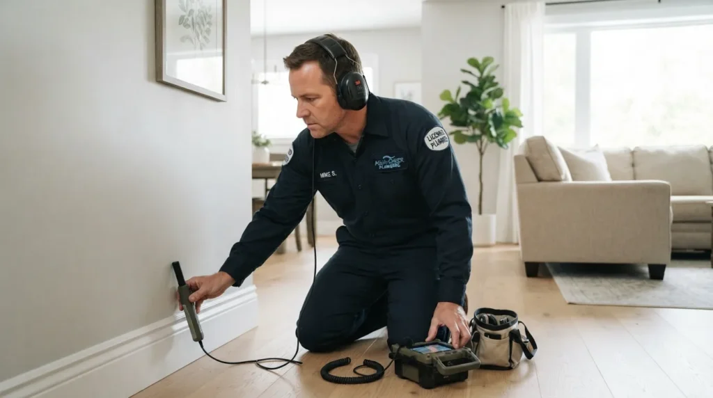 Plumber using acoustic leak detection equipment in a Rancho Bernardo home
