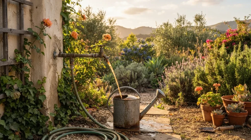 Rust-tinted water from an outdoor spigot signaling aging pipes on a Poway property