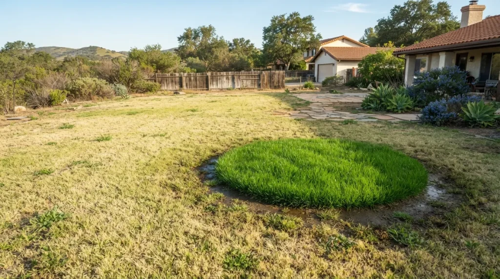 Unusually green patch of lawn signaling a hidden pipe leak on a Poway property