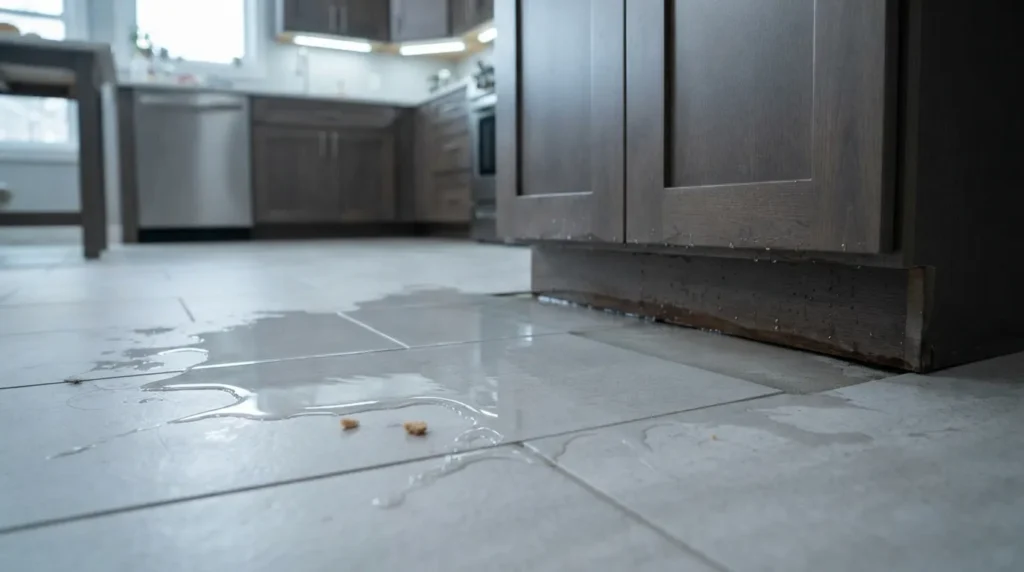 Water spreading across a kitchen floor during a plumbing emergency in Rancho Bernardo