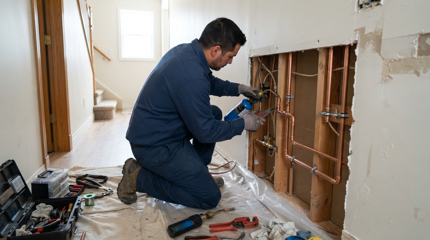Plumber installing new copper pipe during a whole house repipe in Carmel Mountain Ranch