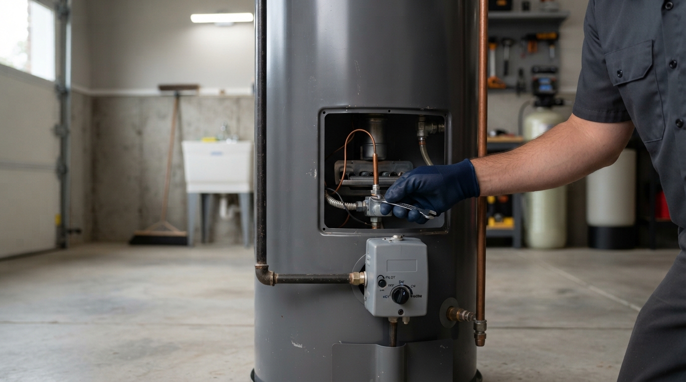 Technician diagnosing a water heater thermocouple issue in Carmel Mountain Ranch