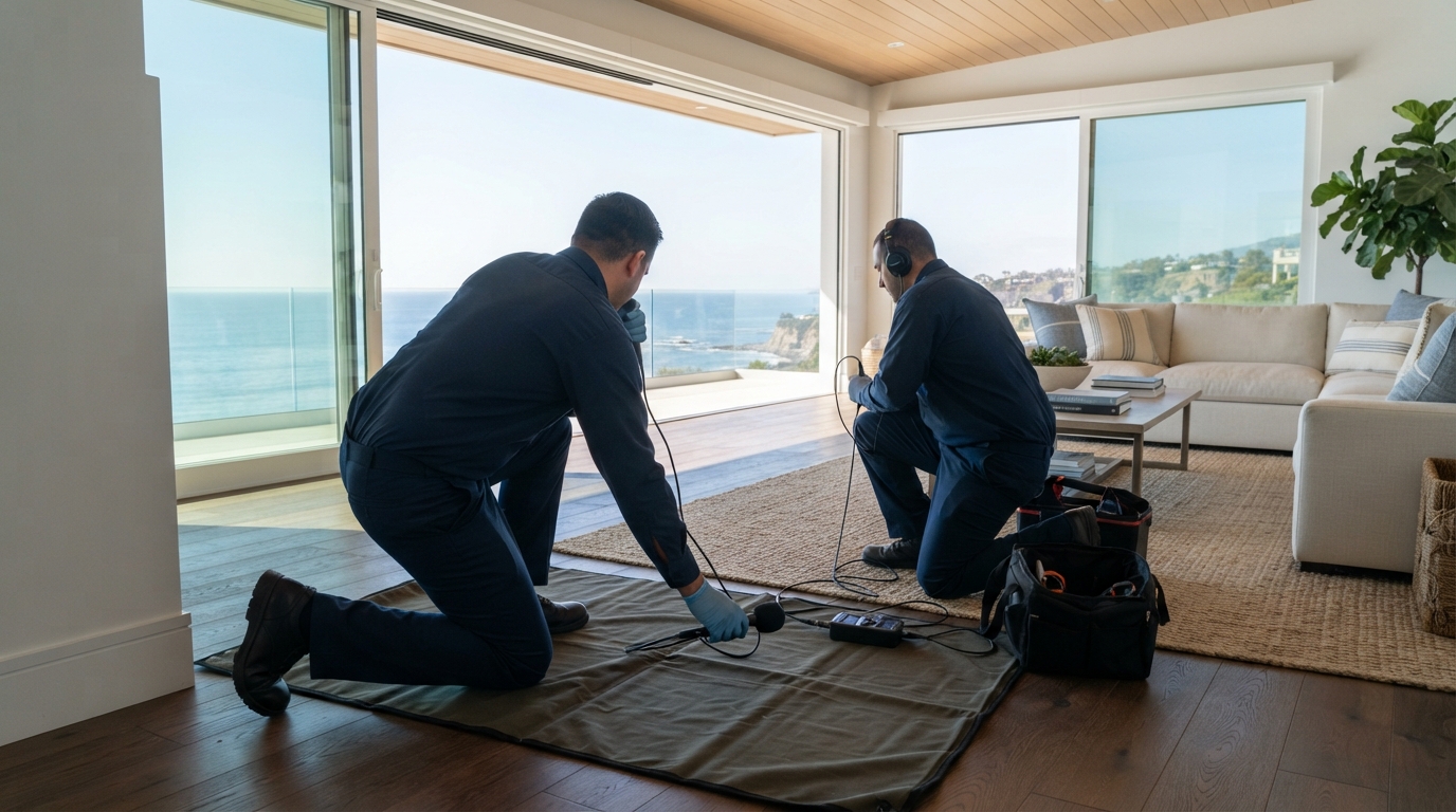 Plumbers using acoustic leak detection equipment in a La Jolla coastal home