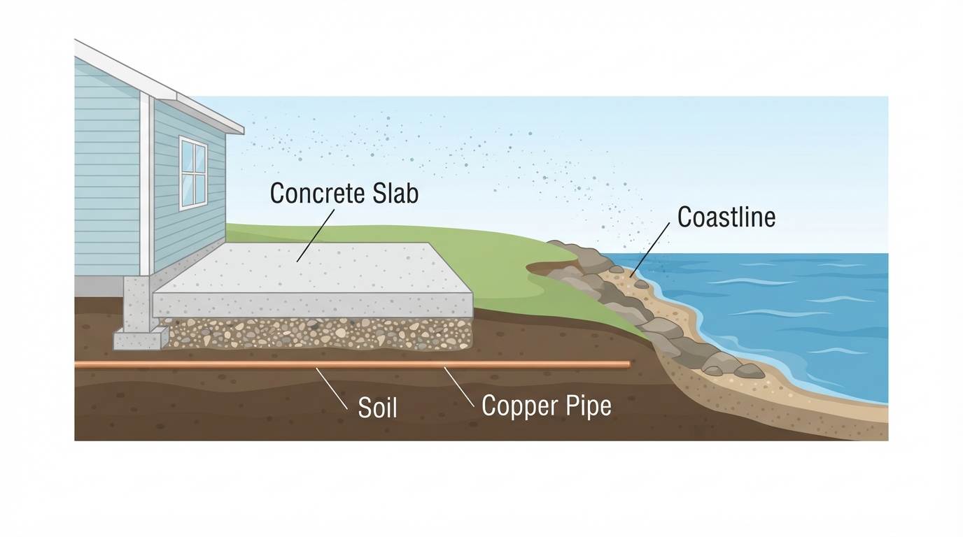 Diagram showing accelerated pipe corrosion beneath a coastal La Jolla home