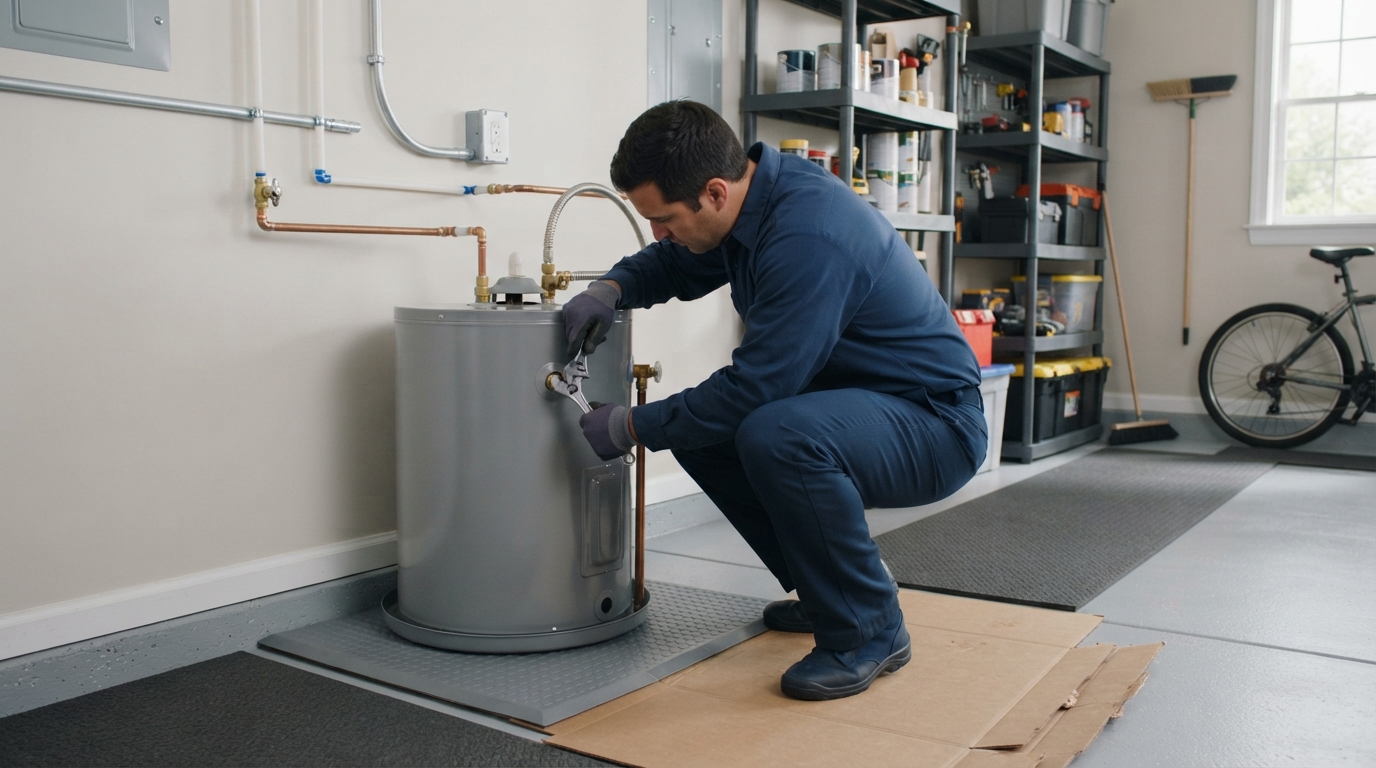 Plumber protecting floors and finishes during a water heater installation in La Jolla