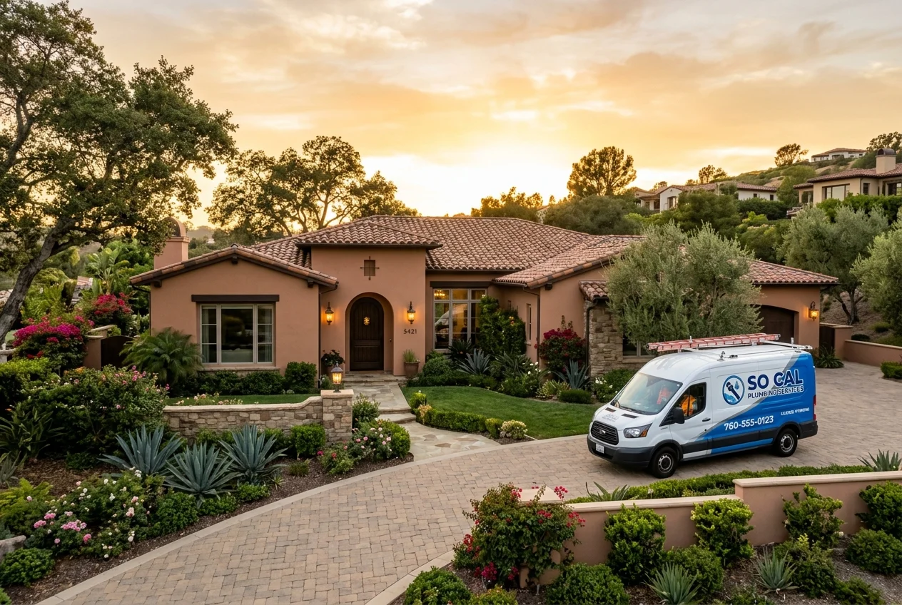 Repipe service van outside an upscale San Diego home during a whole house repipe