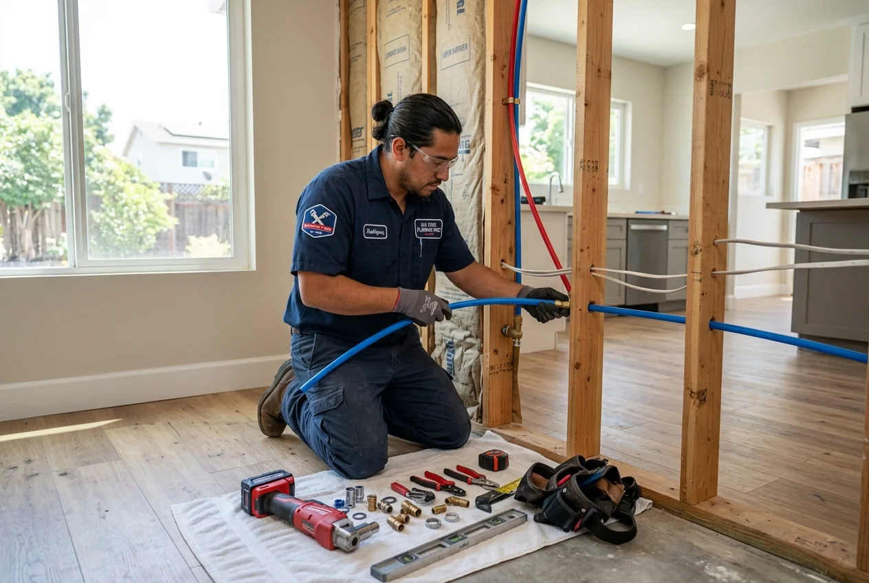 Licensed plumber installing PEX pipe during a whole house repipe in San Diego