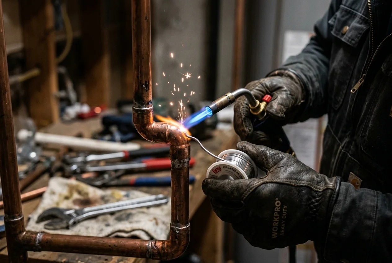 Plumber soldering a copper pipe joint during a San Diego repipe installation