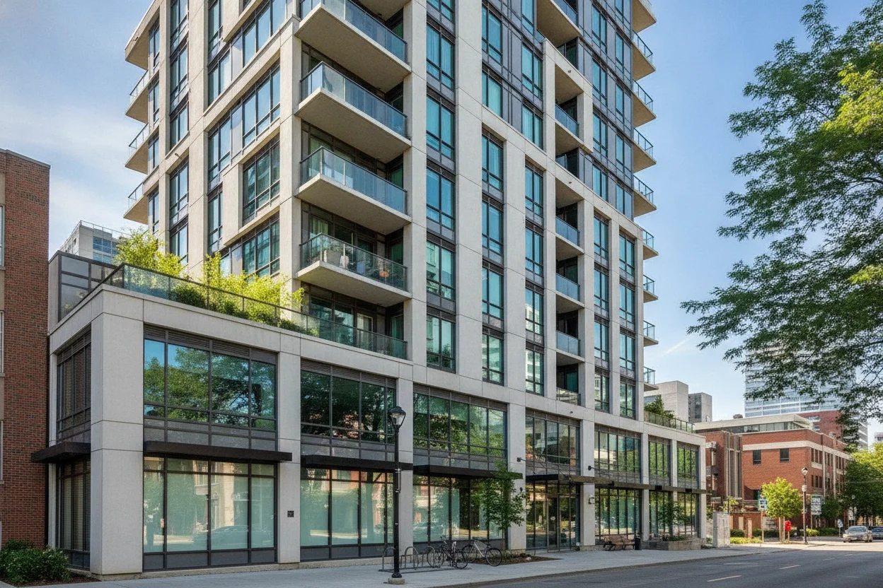 University City condo building typical of the neighborhood's shared plumbing infrastructure