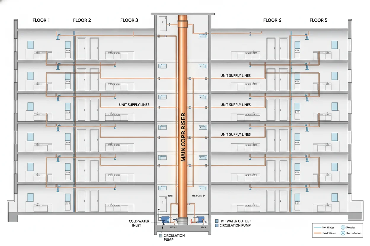 Diagram showing a shared plumbing riser serving multiple condo units in University City