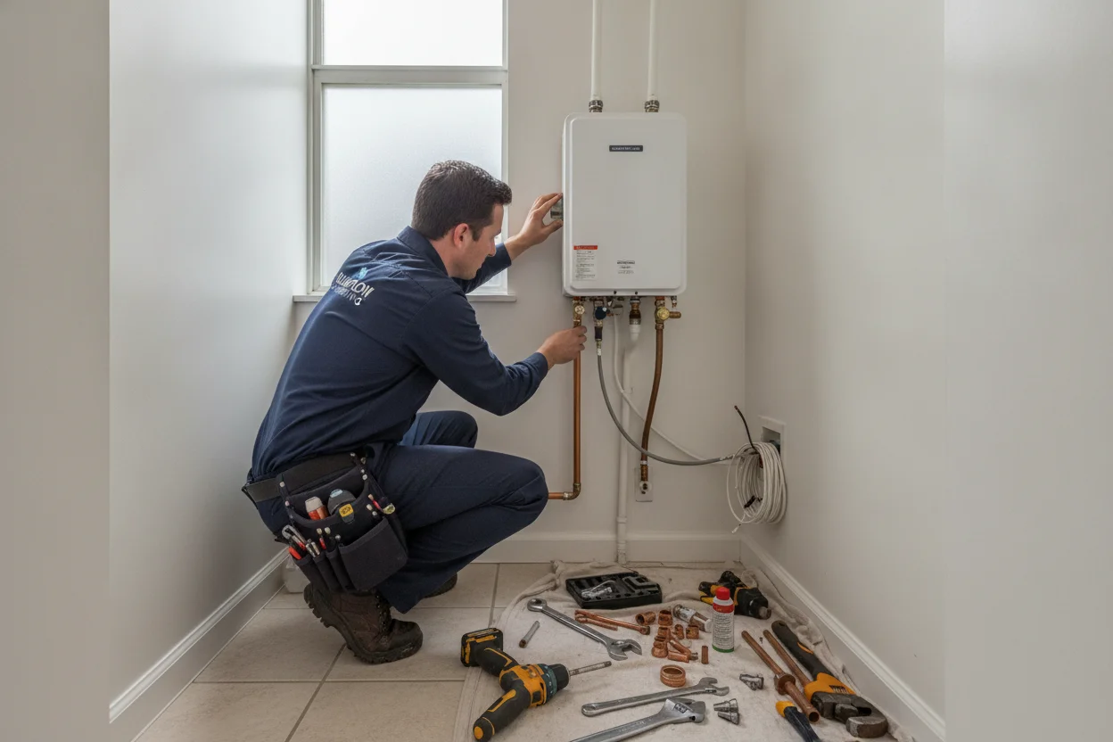 Plumber installing a space-saving tankless water heater in a University City condo