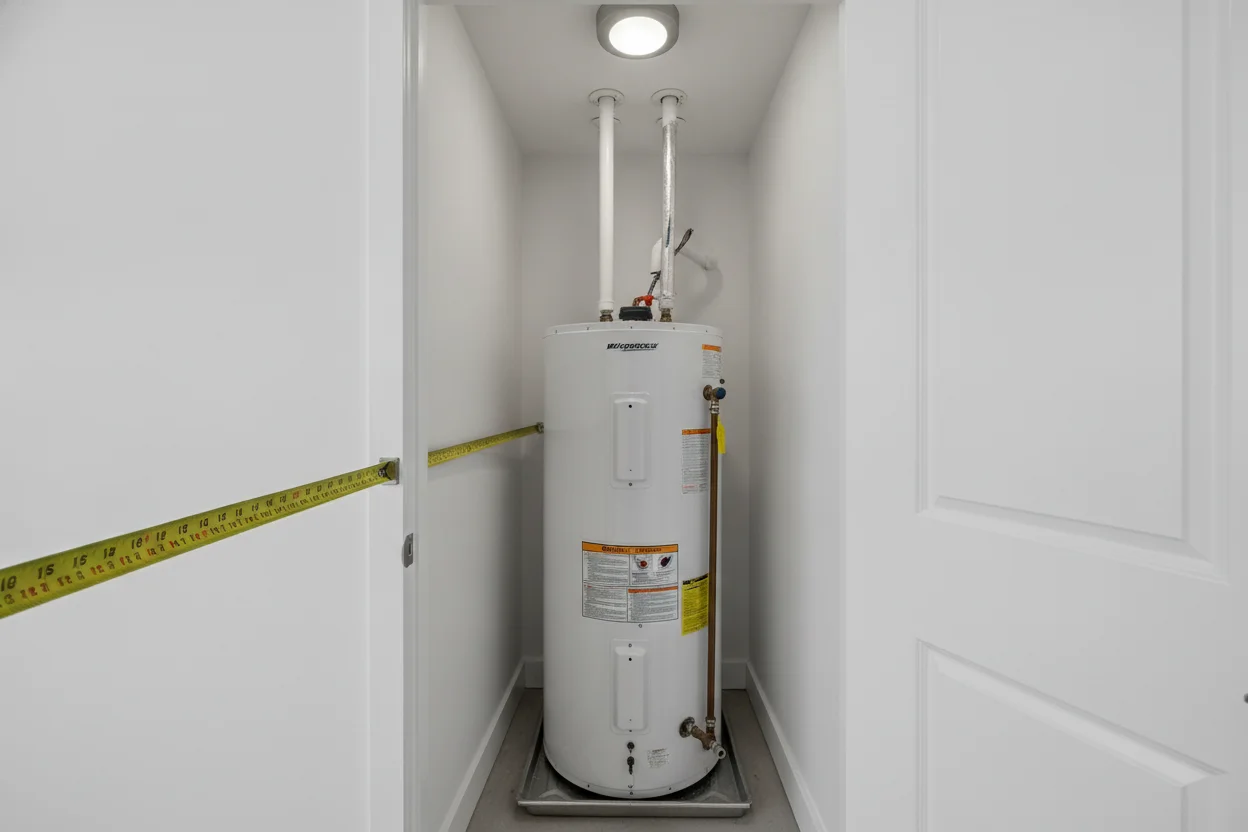 Tight condo utility closet typical of University City water heater installations