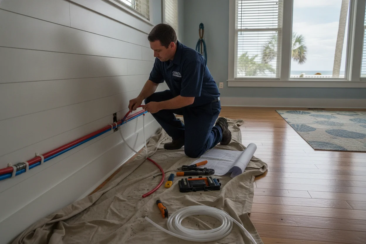 Plumber protecting finishes during a whole house repipe in a Del Mar home