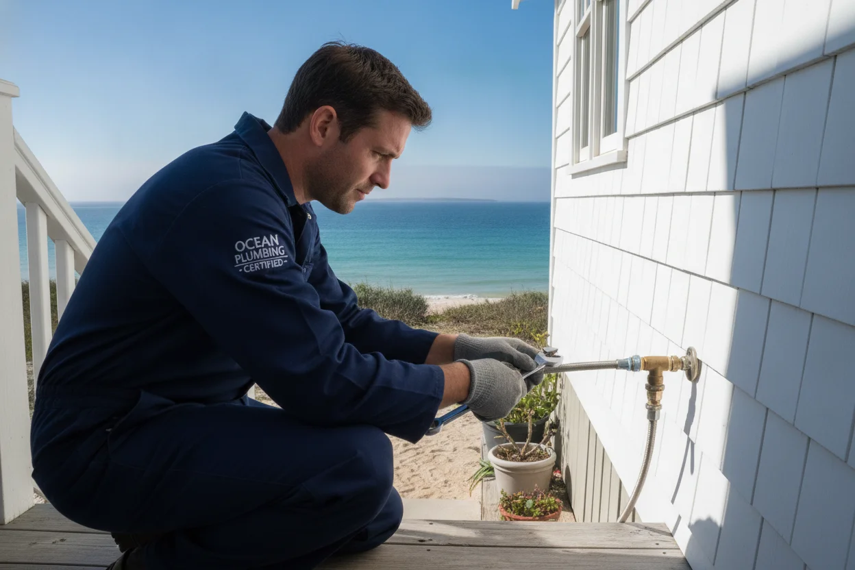 Plumber inspecting exterior fittings during a seasonal home check-up in Del Mar