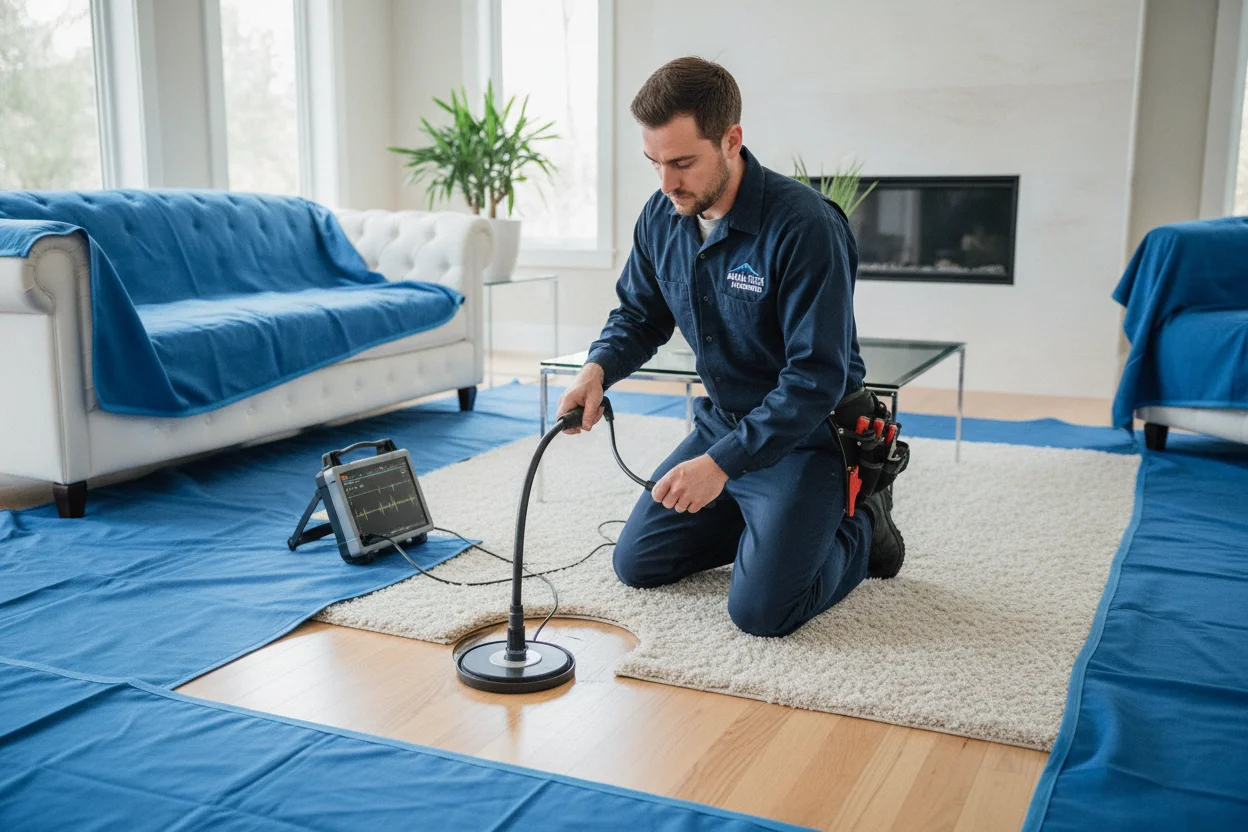 Plumber using acoustic leak detection equipment in a Solana Beach home