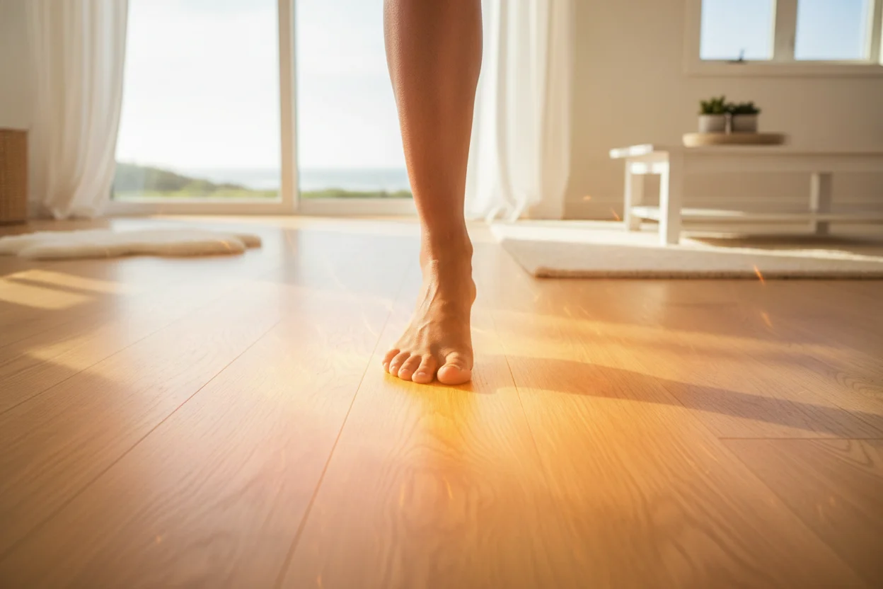 Warm patch on flooring signaling a possible slab leak in a Solana Beach home