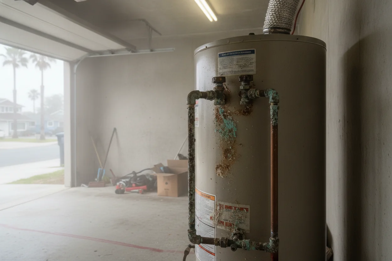 Coastal corrosion on a water heater fitting in a Solana Beach home