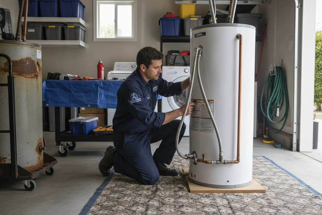 Plumber installing a new water heater suited to coastal conditions in Solana Beach