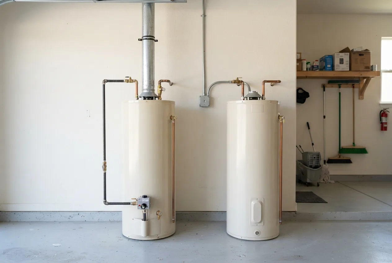 Gas and electric water heaters installed side by side in a San Diego garage
