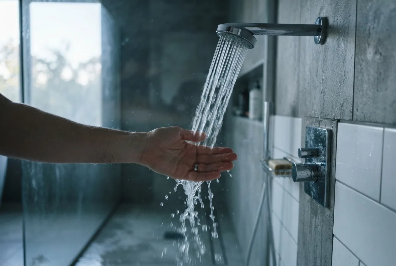Hand testing a shower stream with no hot water from a water heater not heating