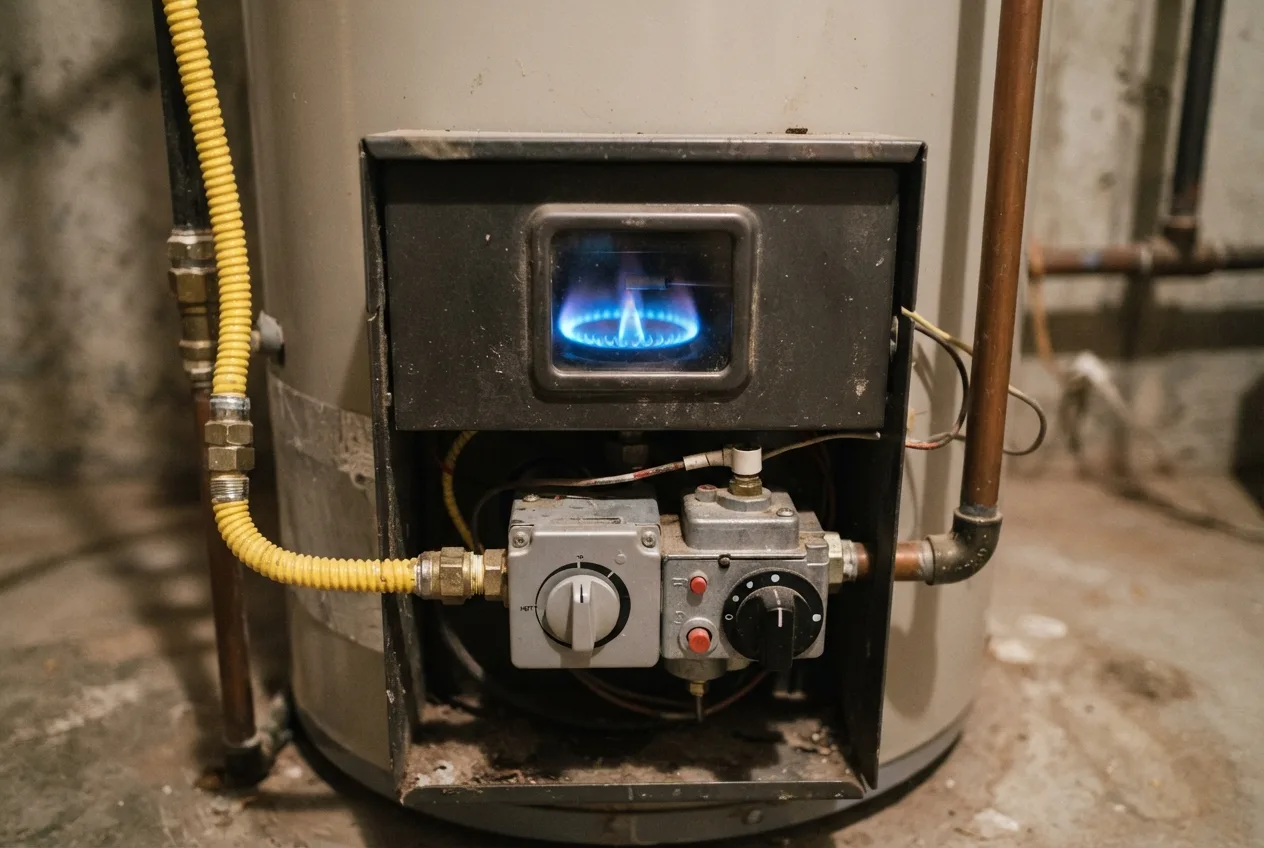 Gas water heater burner flame and gas control valve behind the access window