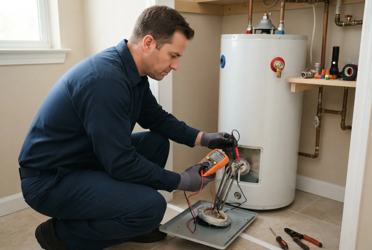 Plumber testing an electric water heater heating element with a multimeter