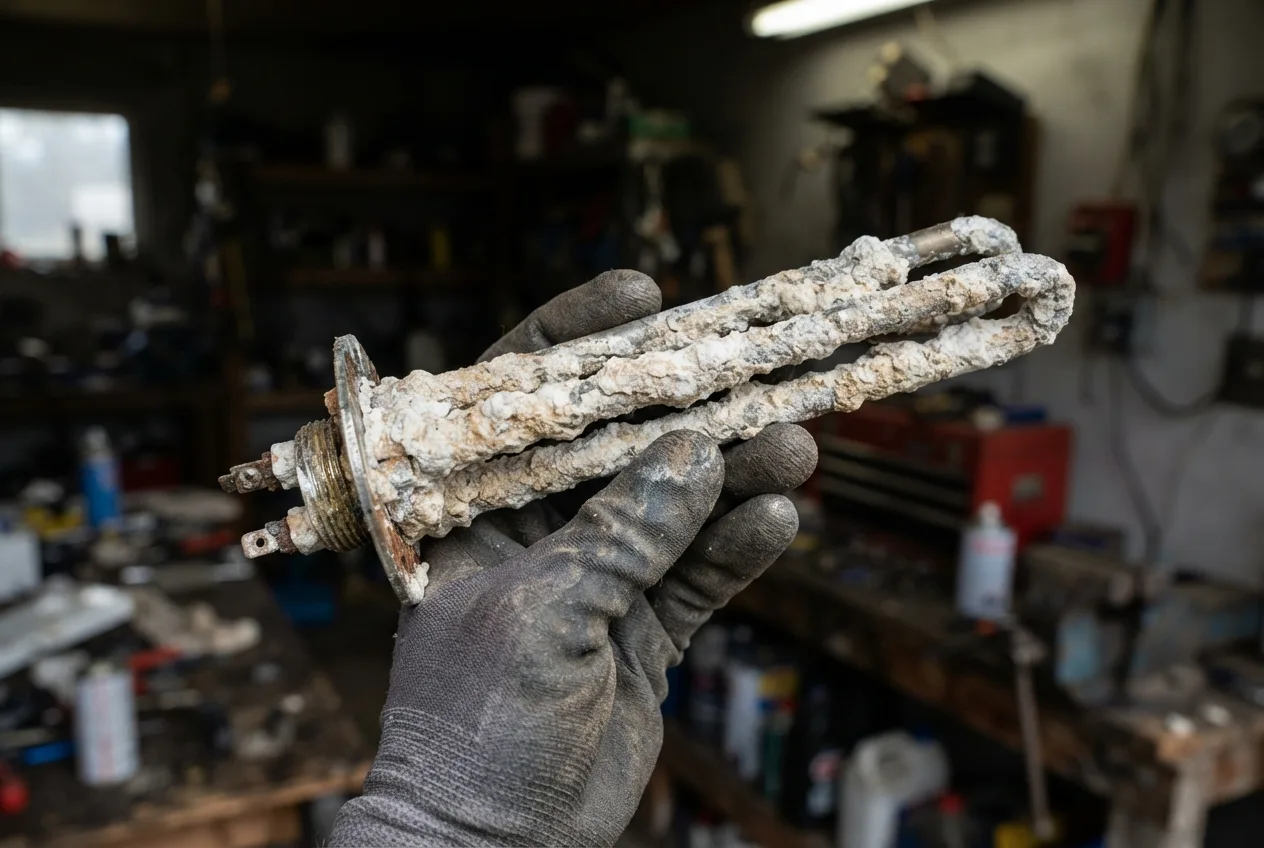 Water heater heating element covered in hard water mineral scale