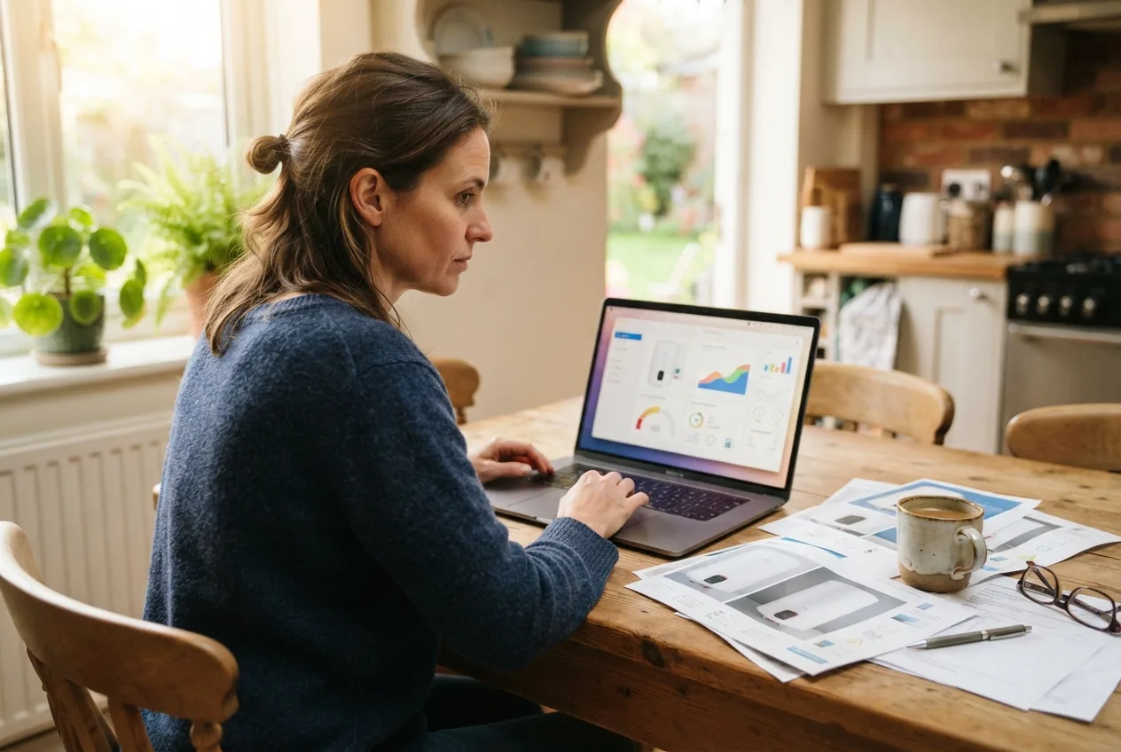 Homeowner comparing water heater brands on a laptop with printed spec sheets