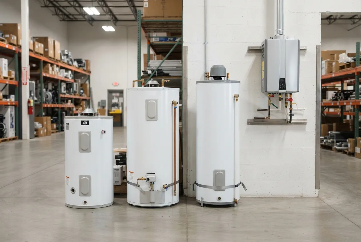 Tank and tankless water heaters from different brand tiers lined up for comparison