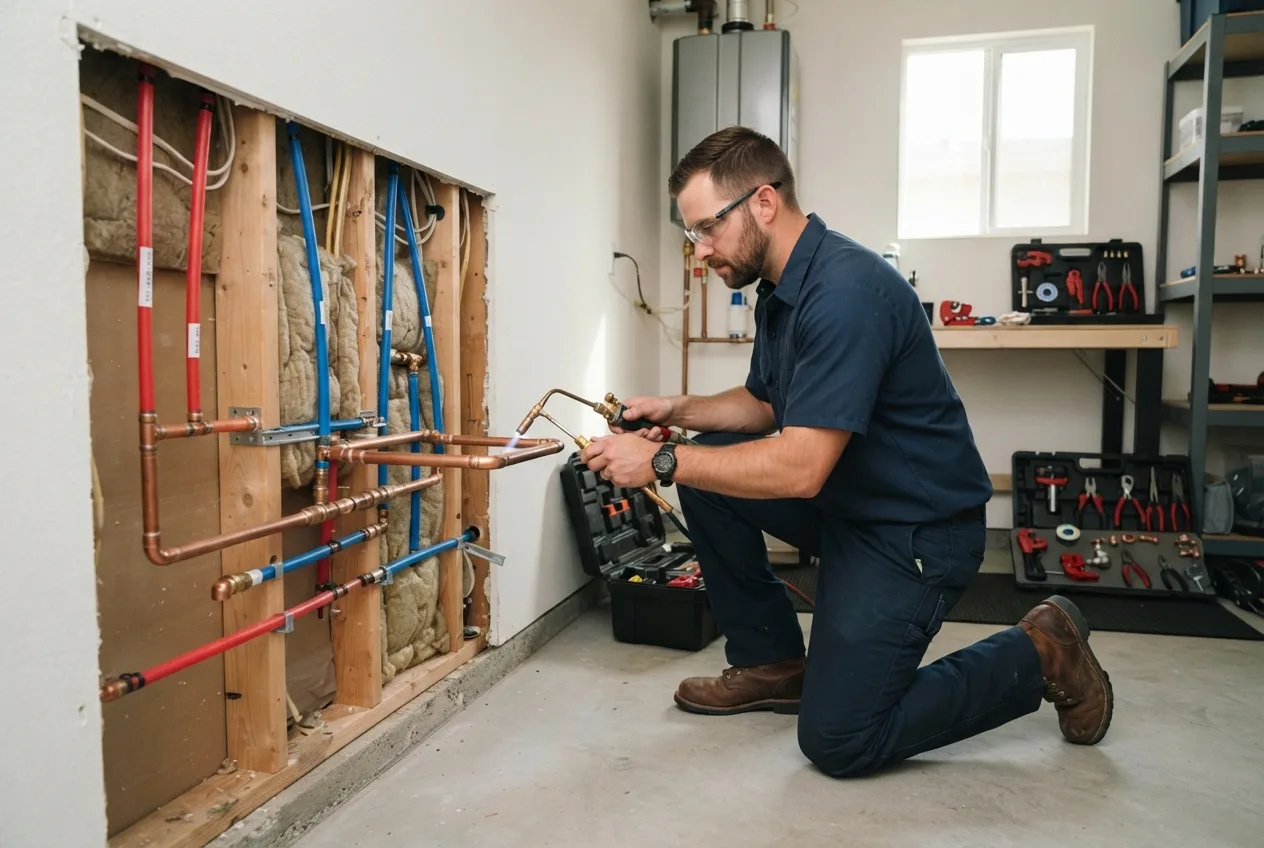 Licensed plumber installing copper and PEX piping during a whole house repipe in San Diego