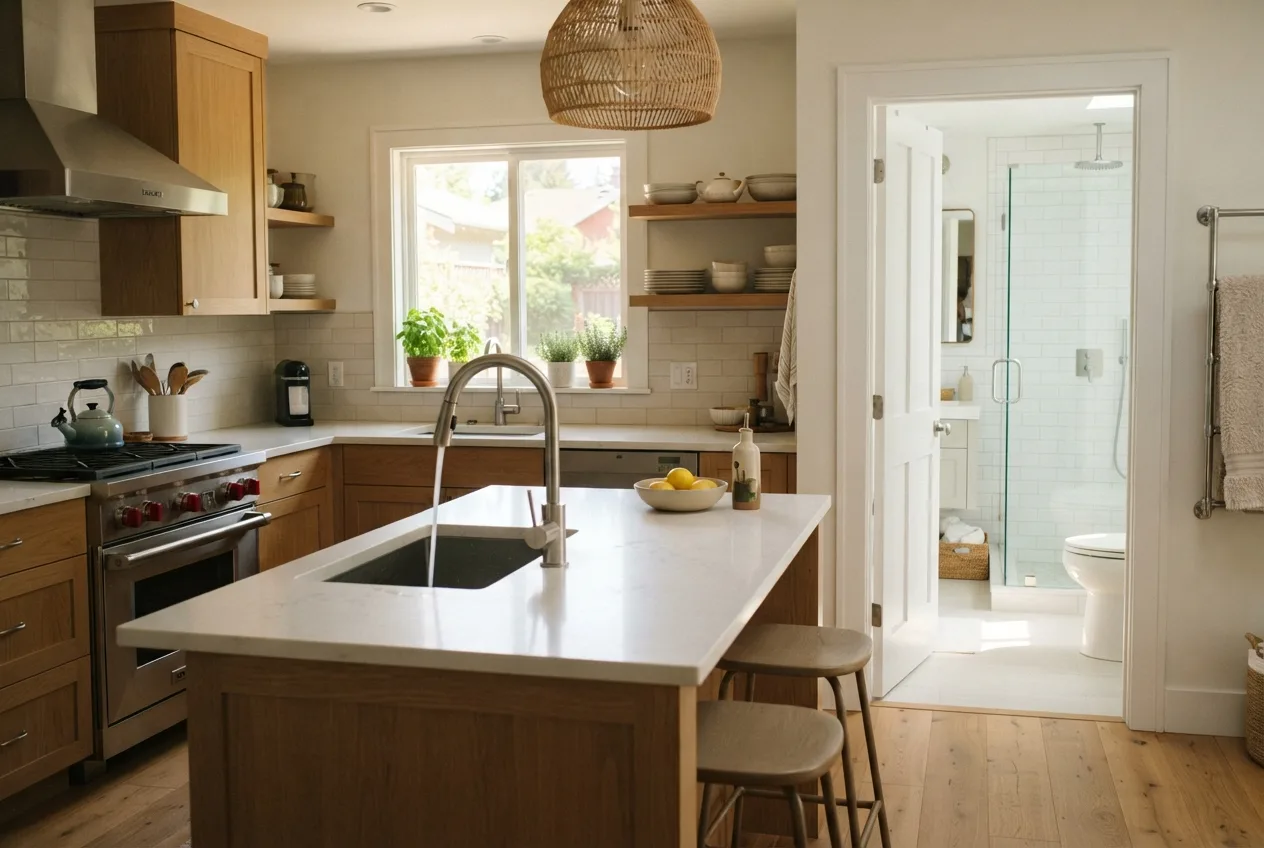 Busy household hot water use from kitchen and bathroom fixtures at the same time