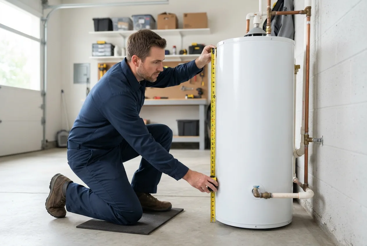 Plumber measuring the space for a water heater during a sizing walkthrough