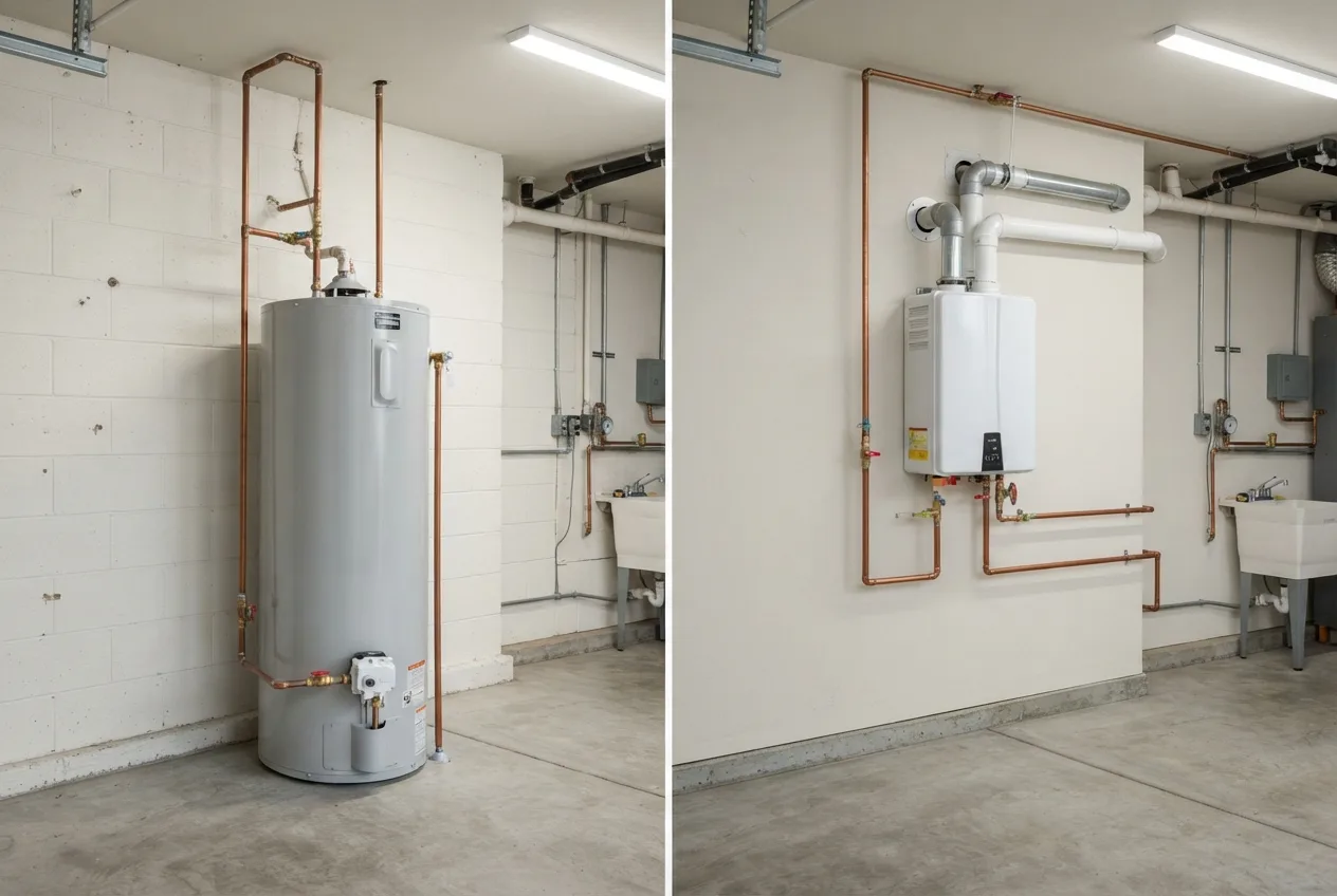 Tank and tankless water heaters in different sizes for comparing household capacity