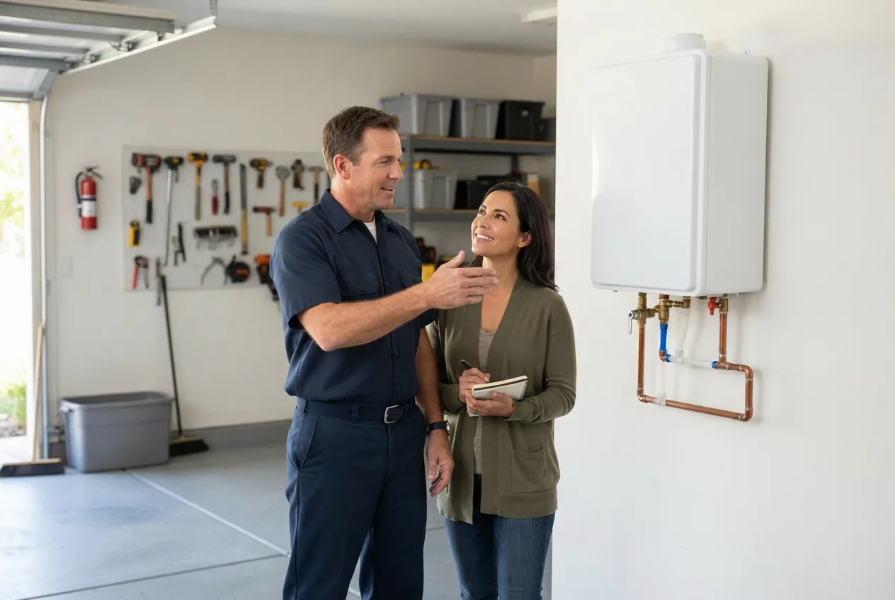 Plumber explaining a tankless water heater to a San Diego homeowner in a garage