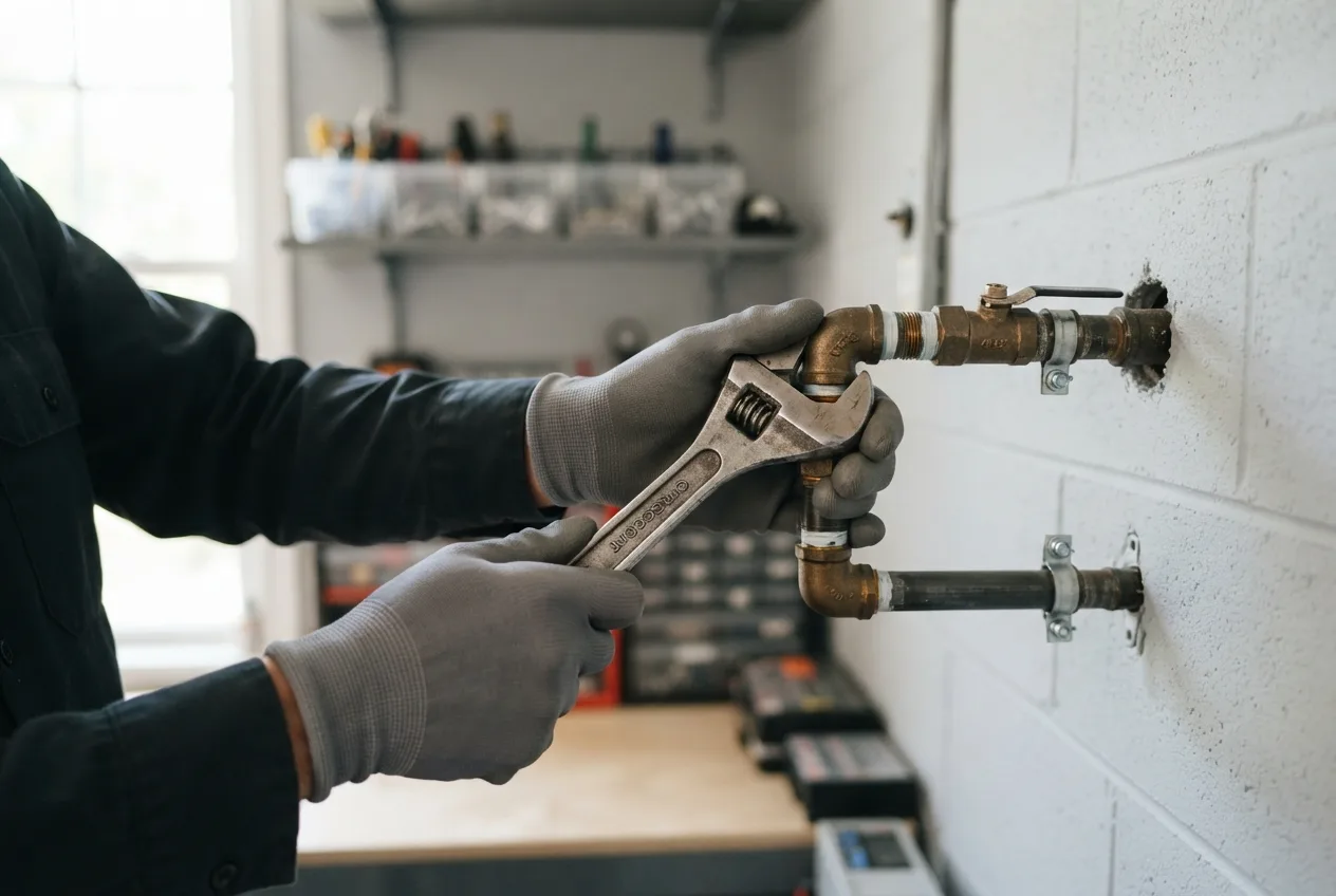 Plumber tightening brass pipe fittings while checking gas line capacity for a tankless water heater