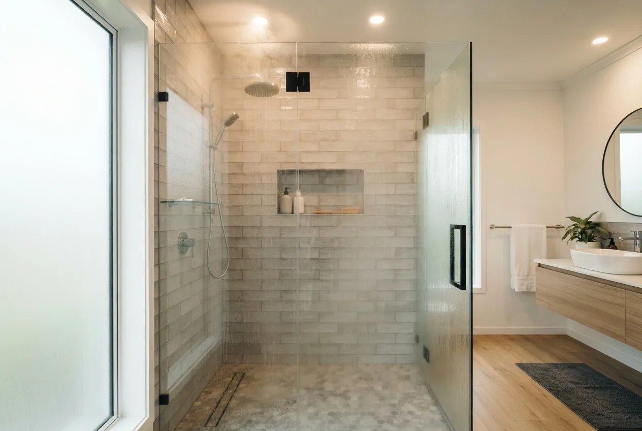 Steady hot water in a modern bathroom shower from a properly sized water heater