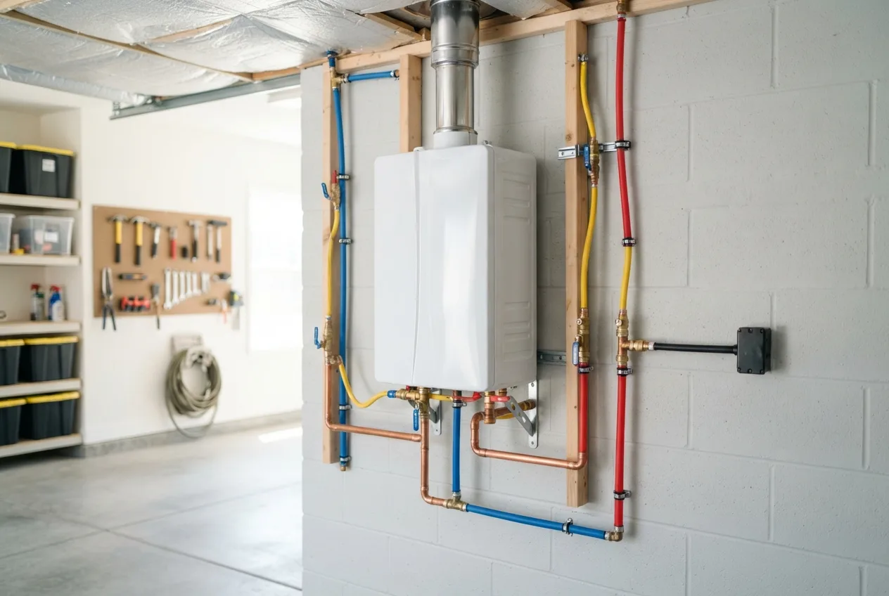 Compact wall-mounted tankless water heater installed in a San Diego garage